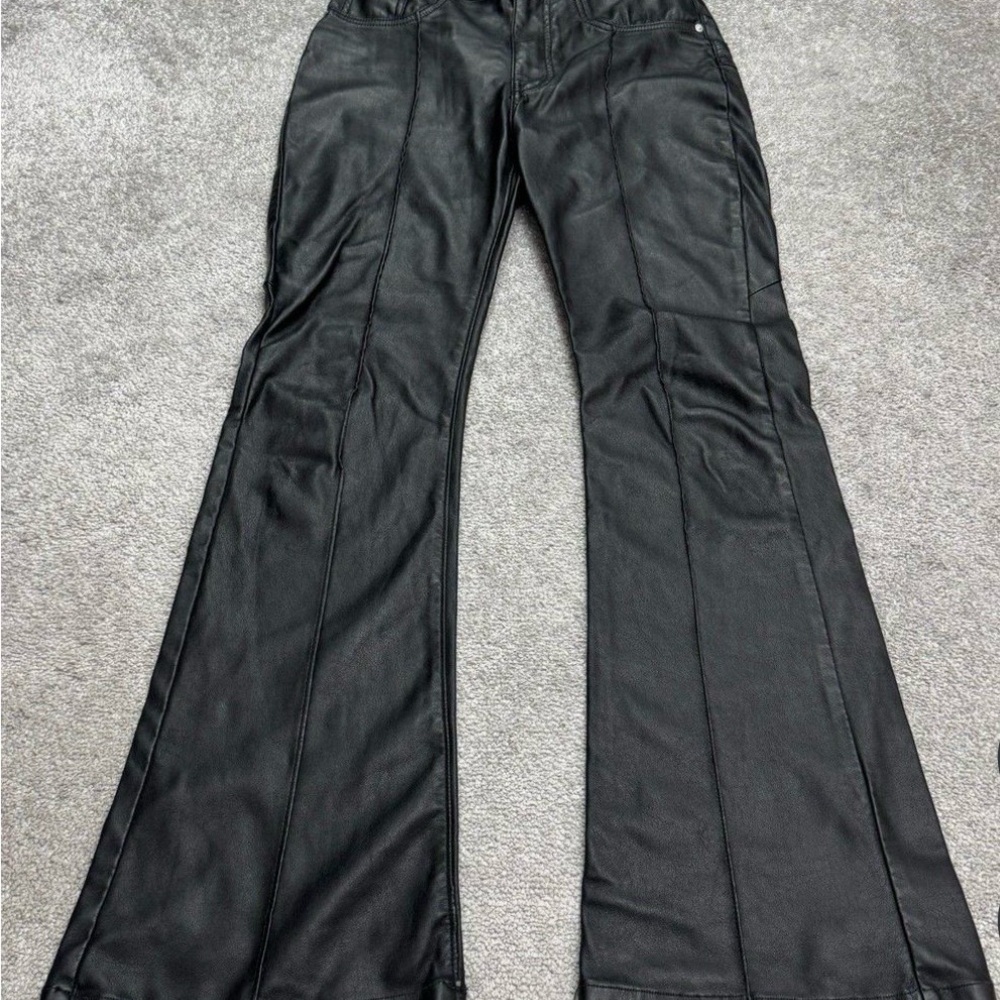 REVICE Black Faux Leather Flare Pants with Seamed Detail